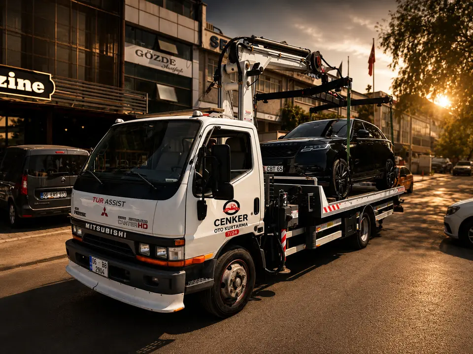 Cenker Oto Kurtarma'nın ahtapot çekici aracı, platformunda taşınan araçla Ankara'da yolda